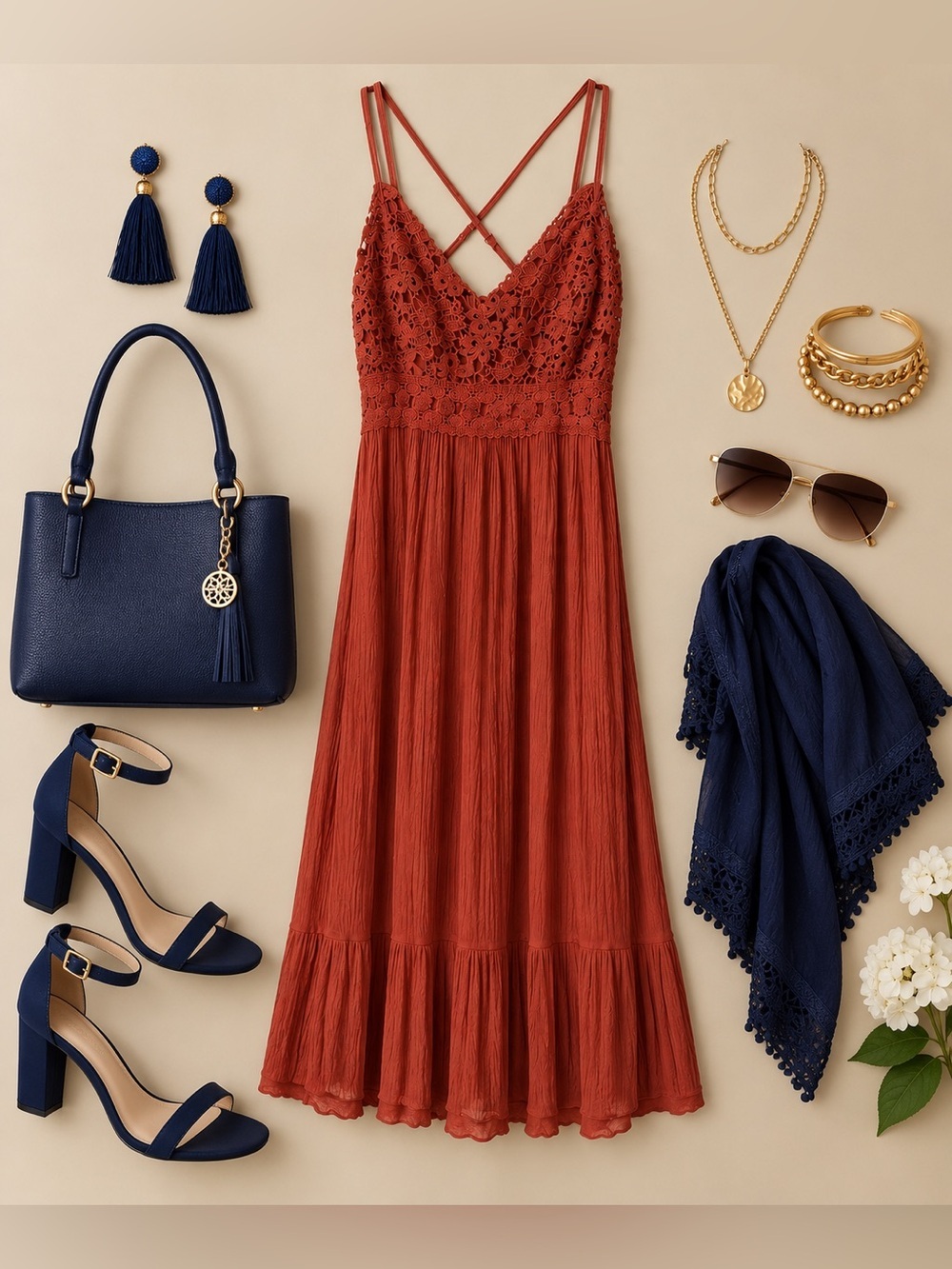 Maurices Rust Crochet Bodice V Neck Strappy Boho Midi Dress